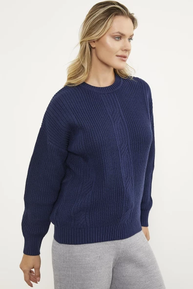 Petek Desenli Oversize Triko Kazak - Lacivert - Resim 4