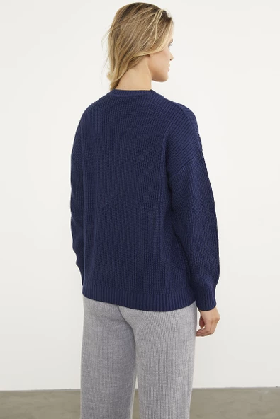 Petek Desenli Oversize Triko Kazak - Lacivert - Resim 5