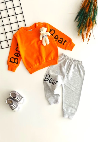 Neşeli Bebekler Oyuncaklı Bear Baskılı Penye Takım Turuncu ürün görseli 1