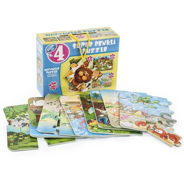 1481 DıyToy Süper Renkli 4'lü Puzzle - Hayvanlar / 8+12+16+24 Parça Puzzle ürün görseli 1