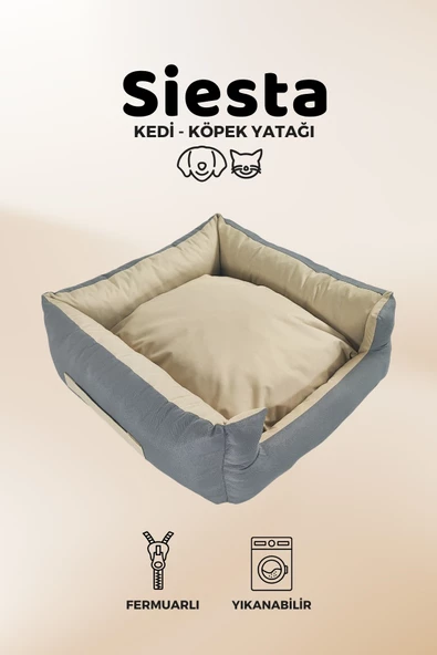 XPERMATE Siesta Kedi Yatağı ve  Köpek Yatağı  Tüy Tutmaz Kumaş,Su İtici Kumaş  Fermuarlı 55x60x23 Antrasit Bej ürün görseli 1