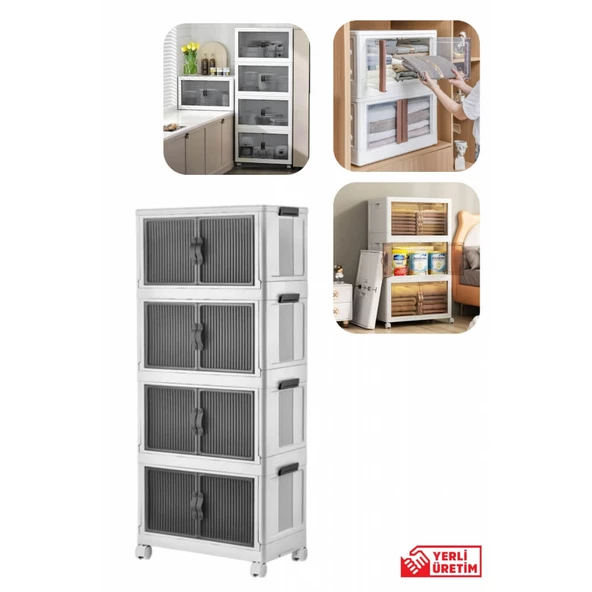 Piev Emayhome Çok Amaçlı Kapaklı Portatif İstiflenebilir Tekerlekli Organizer Dolap 4 Lü Beyaz ürün görseli 1
