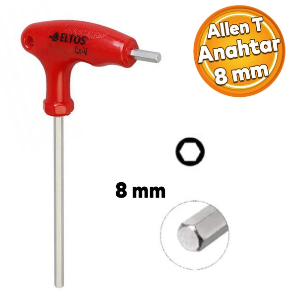 Eltos Allen Alyan 2 Uçlu T Tipi Anahtar altıgen Köşeli Somun Vida Sıkma Sökme 8 mm ETA008 ürün görseli 1