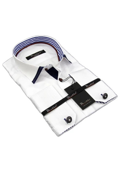 Micro Kumaş Kol Düğmeli Slim Fit Beyaz Erkek Gömlek - 200-1 Lacivert Kombinli ürün görseli 1