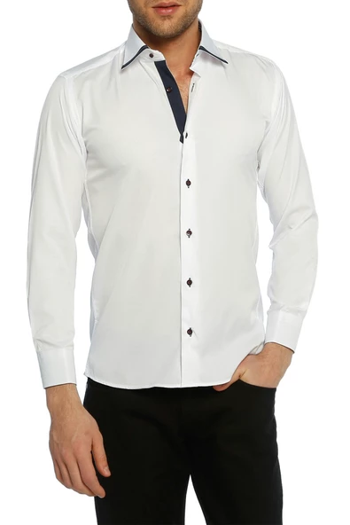 Micro Kumaş Kol Düğmeli Slim Fit Beyaz Erkek Gömlek - 200-1 Lacivert Kombinli ürün görseli 1