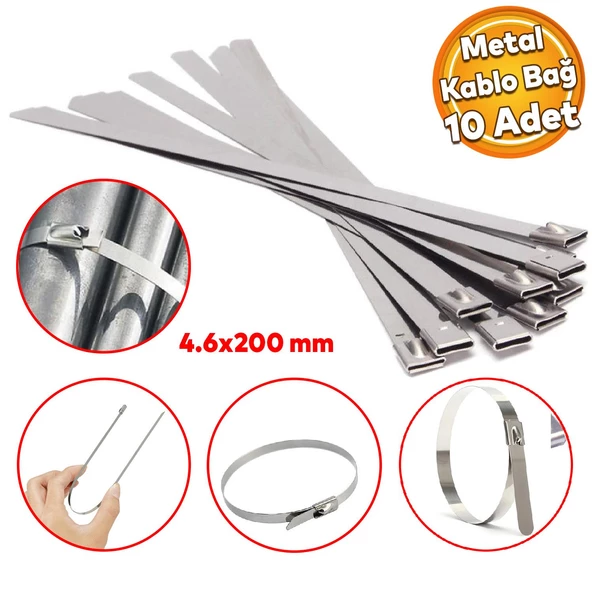 Cırt Kelepçe Metal Paslanmaz Çelik Kablo Zip Bağı Çok Amaçlı Bağlama 4.6x200 10 Adet ürün görseli 1