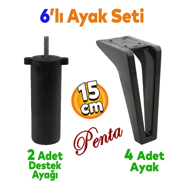 Penta 6'lı Set Mobilya Tv Ünitesi Çekyat Koltuk Kanepe Destek Ayağı 15 Cm Siyah Ayakları M8 Civatalı ürün görseli 1