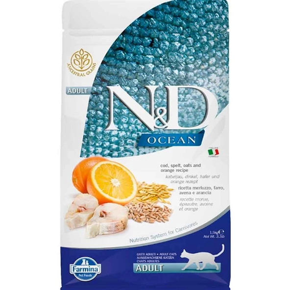 ND Ocean Kedi Maması Morina Balıklı ve Portakallı Düşük Tahıllı 1,5 Kg ürün görseli 1
