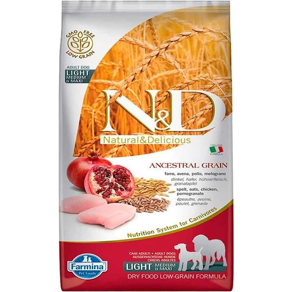 ND Düşük Tahıllı Light Maxi İri ve Orta Irk Tavuklu Narlı Yetişkin Köpek Maması 12 Kg ürün görseli 1
