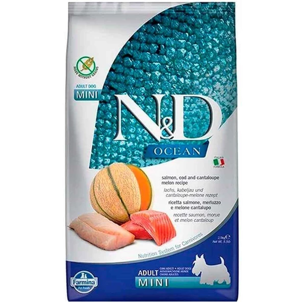 N&D Ocean Somon ve Morina Balıklı Kavunlu Tahılsız Küçük Irk Yetişkin Köpek Maması 2.5 Kg ürün görseli 1