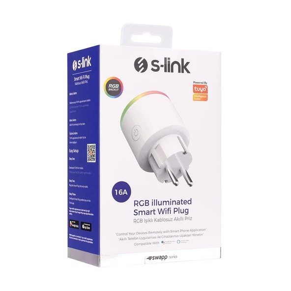 S-Link SL-03 16A Akım Korumalı Akıllı Priz RGB Işıklı 2,4G Wifi-Bt Tuya Destekli - 37622 ürün görseli 1