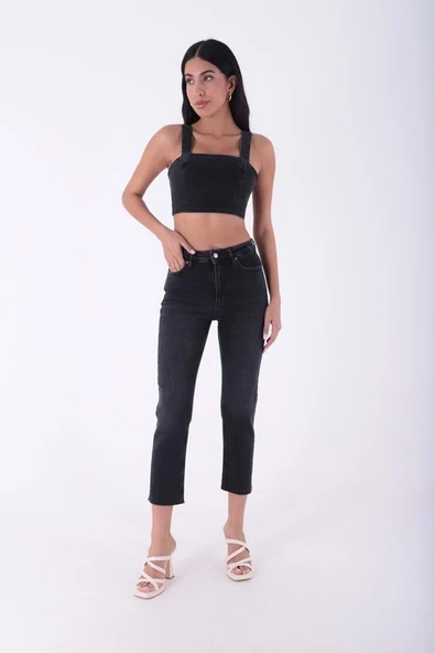 Paçaları Dikişsiz ve Yüksek Belli Cepli Astarsız Kadın Kot Pantolon Mom Fit Jean Antrasit Denim ürün görseli 1