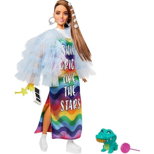 Barbie Extra Renkli Elbiseli Bebek - Resim 2