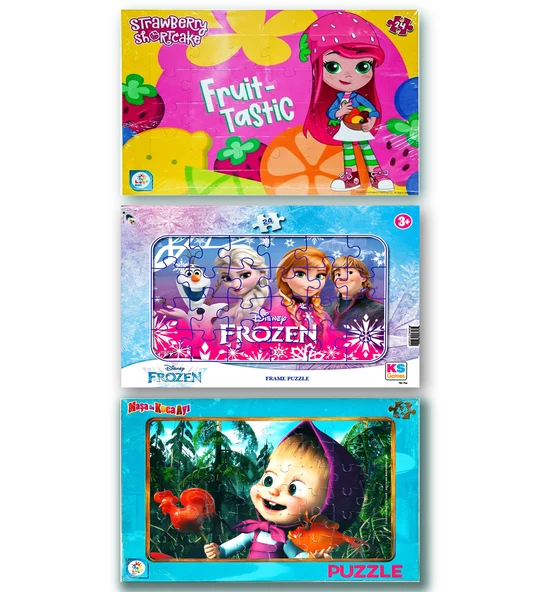Frozen Elsa, Çilek Kız, Maşa ile Koca Ayı 3 lü Frame Puzzle Set ürün görseli 1