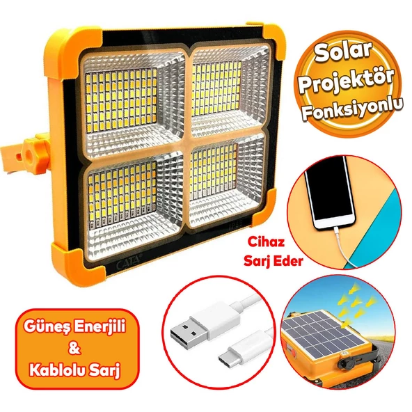 Güneş Enerji Solar Aydınlatma Cata CT4698 Projektör Led 200W 4 Modlu Işık Telefon Sarj Çakar Işık ürün görseli 1