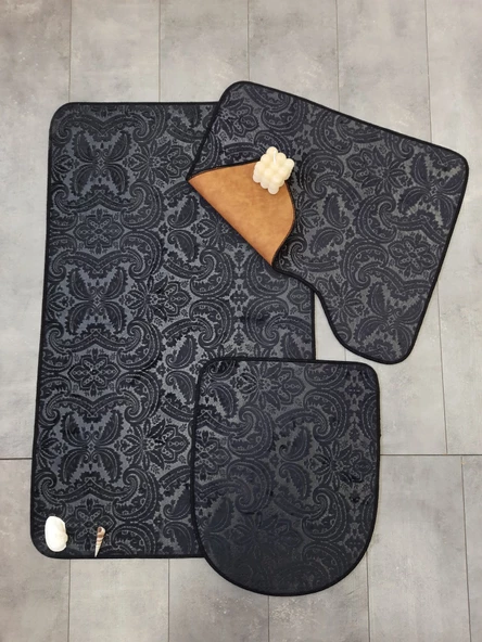 Bonny Home 3’lü Siyah UltraSoft Desenli Klozet Takımı Banyo Halısı Paspas Seti ürün görseli 1