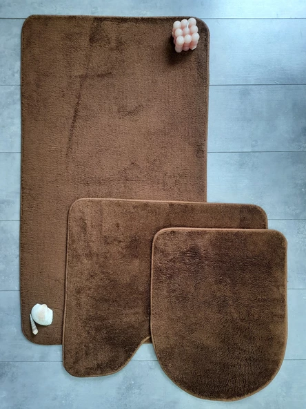 Ultrasoft Düz Kahve 3’lü Banyo Halısı Paspası Seti Kaymaz Deri Tabanlı Yıkanabilir Klozet Takımı ürün görseli 1