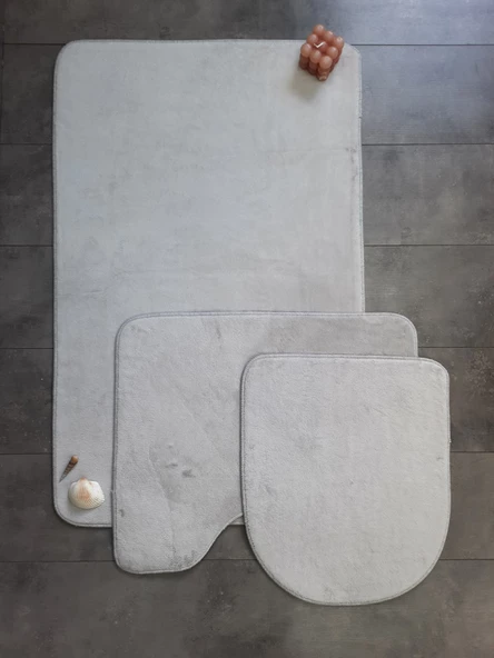Ultrasoft Düz Gümüş Gri 3’lü Banyo Paspası Halısı Seti Kaymaz Tabanlı Yıkanabilir Klozet Takımı ürün görseli 1