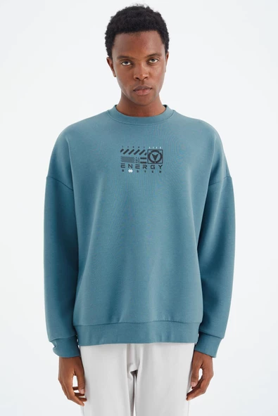TOMMY LIFE Orman Yeşili O Yaka Baskı Detaylı Rahat Kalıp Erkek Swetshirt - 88284 T14ER-88284 ürün görseli 1