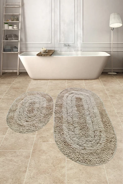 Doğal Pamuklu Spagetti Oval Vizon 2li Banyo Paspası Seti Banyo Halısı Klozet Takımı ürün görseli 1