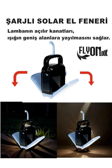 Güçlü Güneş Solar Enerjili Açılır Kanatları Sayesinde Hem Fener Lamba Hem Ortam Aydınlatması Şarjlı ürün görseli 1