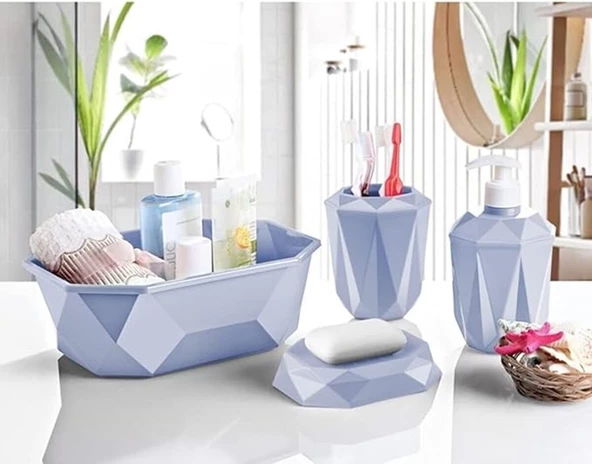 Prizma 4'lü Banyo Seti  - Banyo Organizer - Banyo Dekorasyon Seti Buz Mavi ürün görseli 1