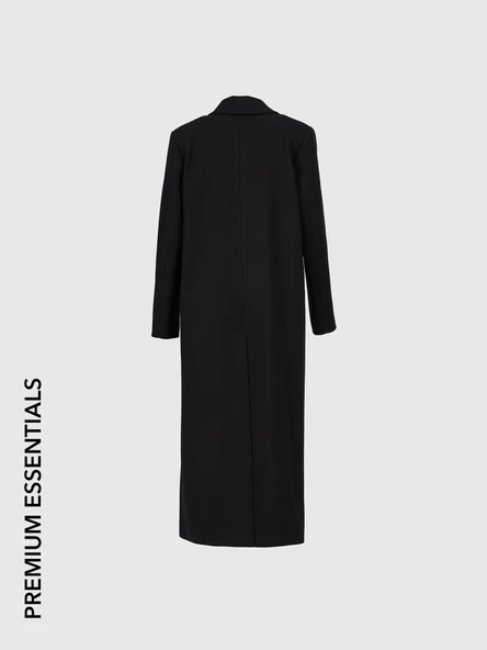 Oversize Siyah Kaşe Kruvaze Kaban - Resim 2