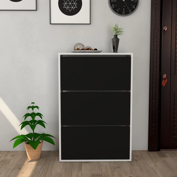 Moonlife 3 Kapaklı Kayar Raflı Ayakkabılık Siyah ürün görseli 1