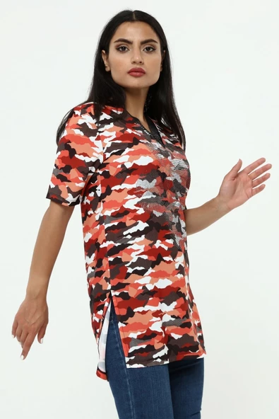 Kadın Turuncu Kamuflaj Poly Tunik - Resim 3