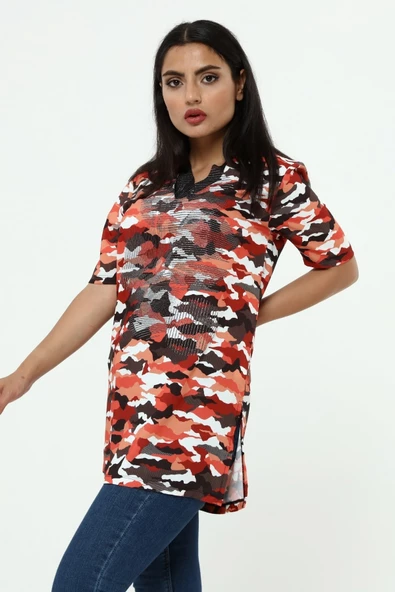 Kadın Turuncu Kamuflaj Poly Tunik - Resim 4