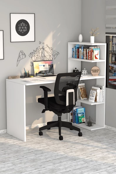 Moonlife Çınar  Kitaplıklı Çalışma Masası Beyaz ürün görseli 1