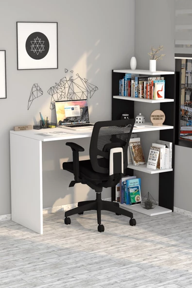 Moonlife Çınar  Kitaplıklı Çalışma Masası Beyaz Siyah ürün görseli 1