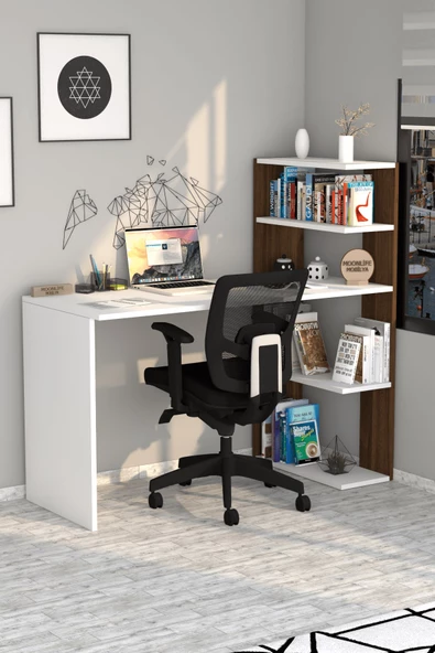 Moonlife Çınar  Kitaplıklı Çalışma Masası Beyaz Ceviz ürün görseli 1