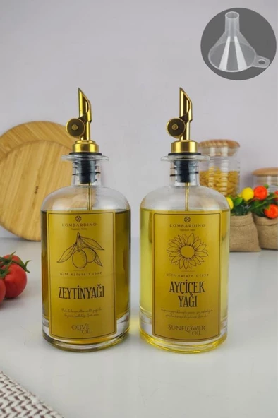 Digithome Lombardino 2'li Cam Zeytinyağı ve Sıvıyağ Şişesi Otomatik Kapaklı Gold Etiketli Yağdanlık 500 Ml C1-1-289 ürün görseli 1