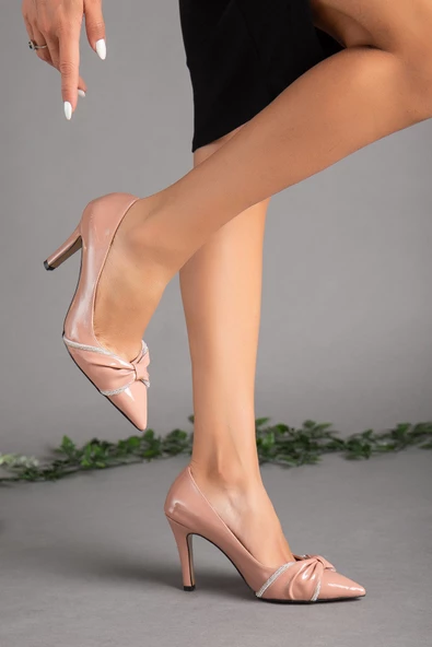 Rugan İnce Topuk Taşlı Pudra Kadın Stiletto ürün görseli 1