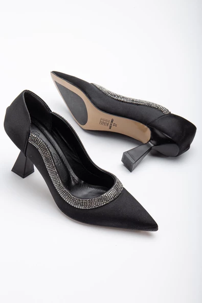 Saten Kalın Sıra Taşlı Siyah Kadın Kadeh Topuk Stiletto ürün görseli 1