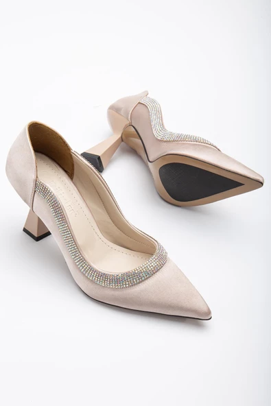Saten Kalın Sıra Taşlı Ten Kadın Kadeh Topuk Stiletto ürün görseli 1
