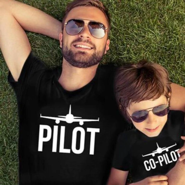 MODAVALS PİLOT/CO-PİLOT BABA ÇOCUK TSHIRT AİLE KOMBİN - SİYAH ürün görseli 1
