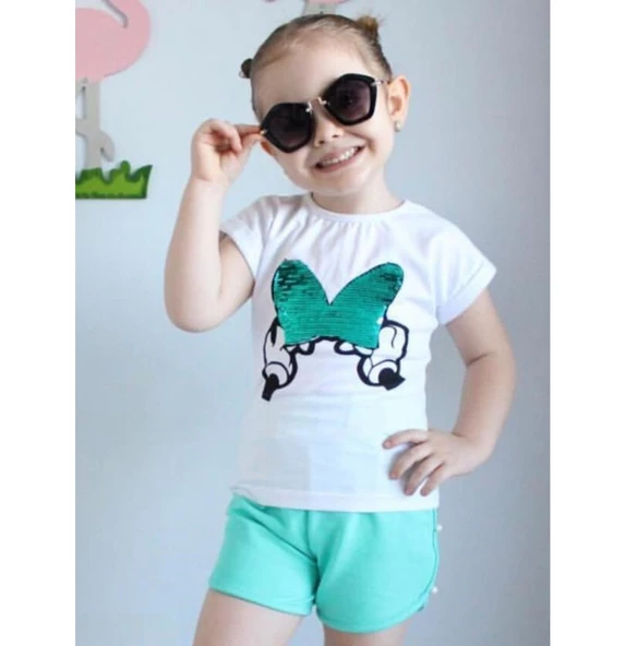 MODAVALS MINNIE BASKILI PUL PAYETLİ İNCİ DETAYLI ŞORTLU TAKIM ürün görseli 1