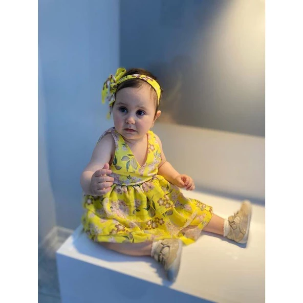 MODAVALS LİMON SARI KARDEŞ KOMBİN ÇİÇEKLİ KIZ ÇOCUK ELBİSE & BANDANA KOMBİN ürün görseli 1