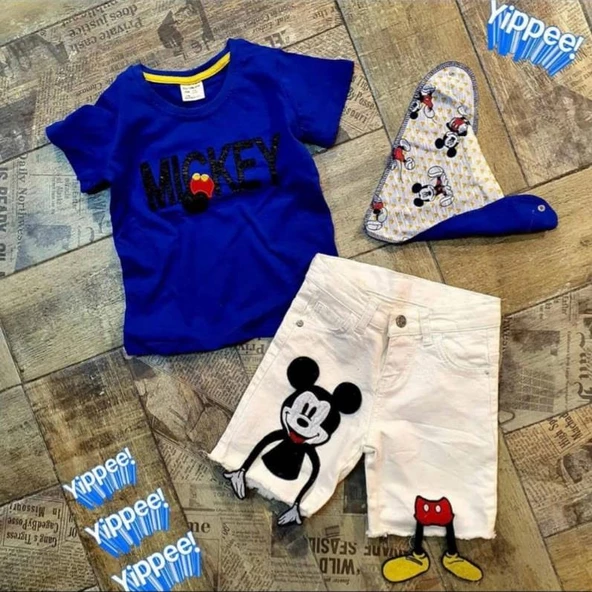 MODAVALS MICKEY APLİKELİ DERİ DETAYLI BOYUNLUKLU BEYAZ KOT ŞORTLU ERKEK ÇOCUK TAKIM - MAVİ ürün görseli 1
