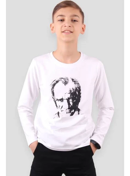 MODAVALS 23 NİSAN 19 MAYIS 29 EKİM 10 KASIM OKUL GÖSTERİ UNISEX ÇOCUK ATATÜRK & İMZA BASKILI UZUN KOL BADİ - BEYAZ ürün görseli 1