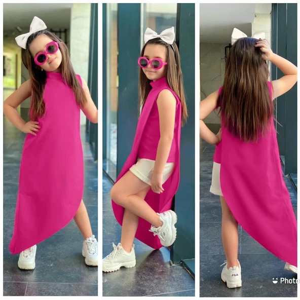 MODAVALS KIZ ÇOCUK FUŞYA HÜRREM KUMAŞ ASİMETRİK TUNİK ALT ÜST TAKIM 847126935 ürün görseli 1