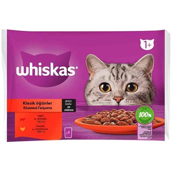 Whiskas Pouch Sos İçinde Sığırlı ve Tavuklu Yetişkin Kedi Konservesi 85gr (4'lü) ürün görseli 1