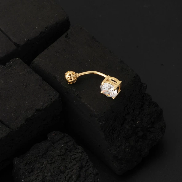 14 Ayar Tektaşlı Altın Göbek Piercing - Resim 6