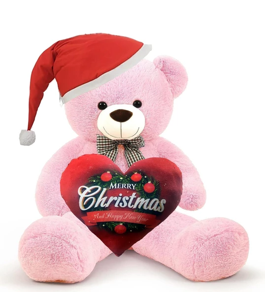 Yeni Yıla Özel : Elinde Baskılı Kalbi Ve Noel Şapkalı 90 cm Papyonlu Peluş Ayıcık - Yeni Yıl Temalı ürün görseli 1