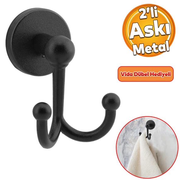 Metal Askı Siyah Renk Askılık Banyo Tuvalet Havlu Bornoz Askısı Çatal İkili Askı ürün görseli 1