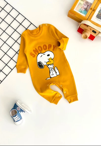 Neşeli Bebekler Snopy Nakışlı Baskılı Desen Tulum Hardal ürün görseli 1