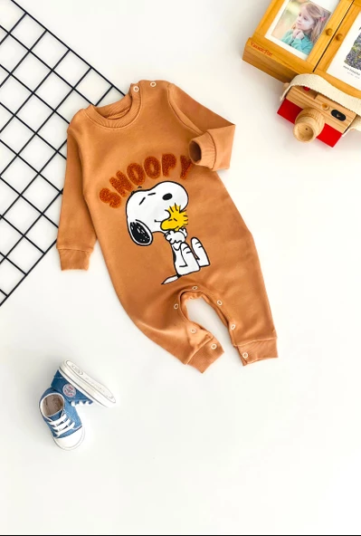 Neşeli Bebekler Snopy Nakışlı Baskılı Desen Tulum Kahve ürün görseli 1