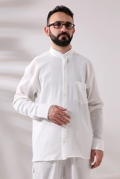 Krem Erkek Rahat Kesim Hakim Yaka Şile Bezi Hac ve Umre Gömlek ürün görseli 1
